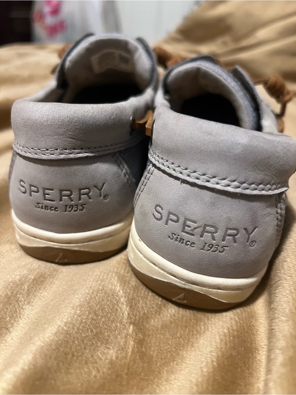 Sperry Kids Light Gray Suede Boat Shoes with Tan Laces